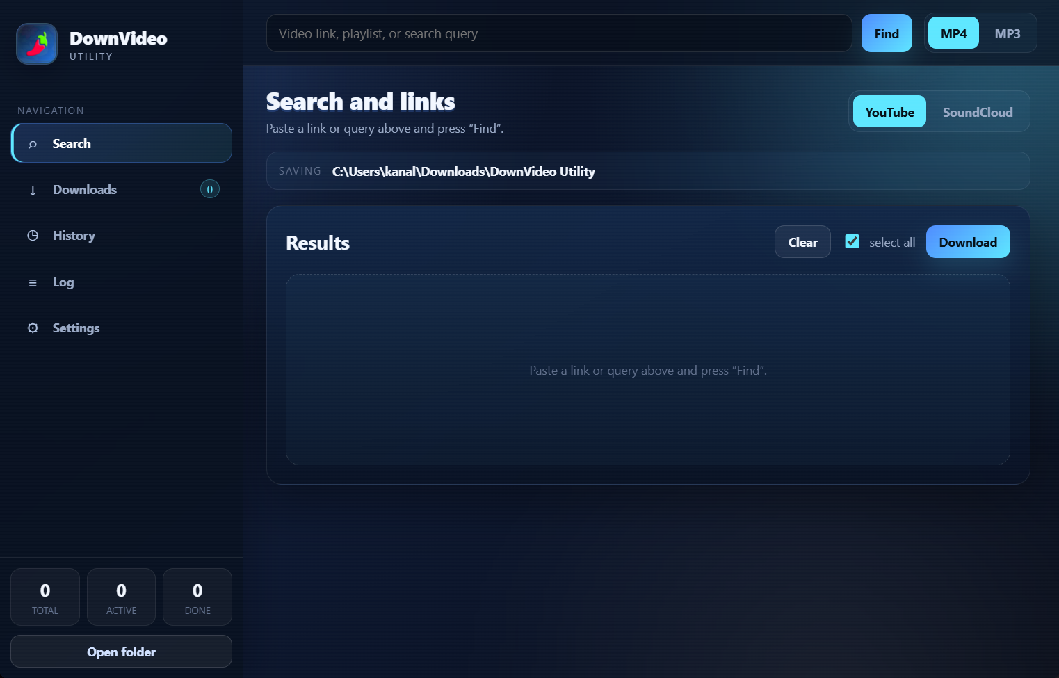 DownVideo Utility home screen